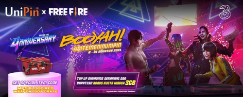 Top up Free Fire pakai pulsa Tri bisa dapat item in-game dan kuota hingga 3GB!